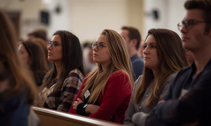 Jovens buscando a paz em Cristo na igreja
