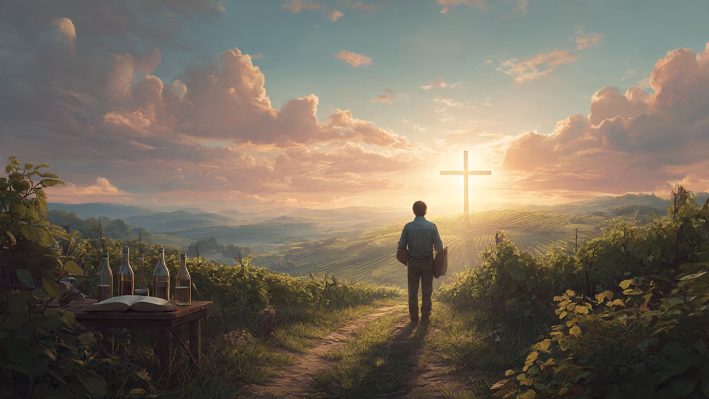 Cristãos na vinha, jovem escolhe suco, caminha para a cruz de Cristo, luz suave, tom acolhedor.